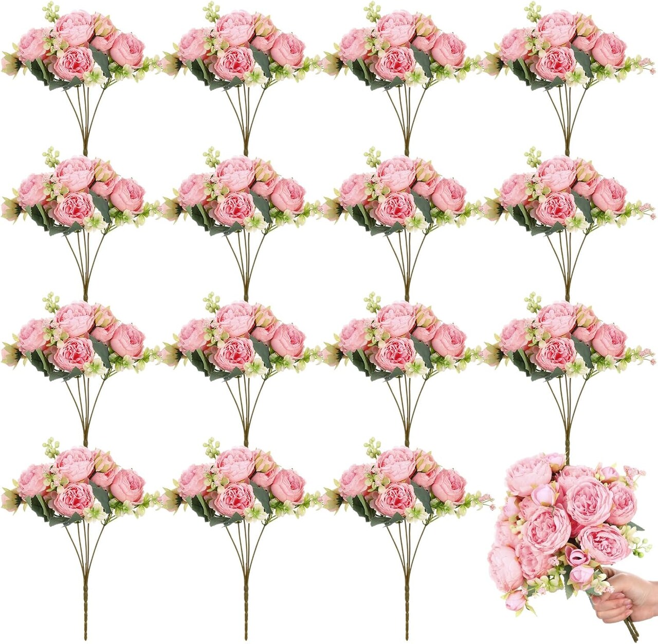 16 Bundles Artificial Peonies Bouquet – Realistic Silk Flowers with Stems for Table Centerpieces, Wedding Decor, and Bridal Floral Arrangements (Light Pink)